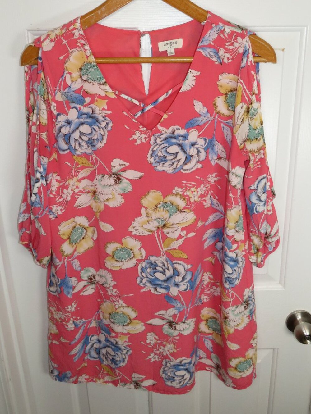 Umgee USA Women's Coral Floral 3/4 Slit Sleeve Dress Size LG